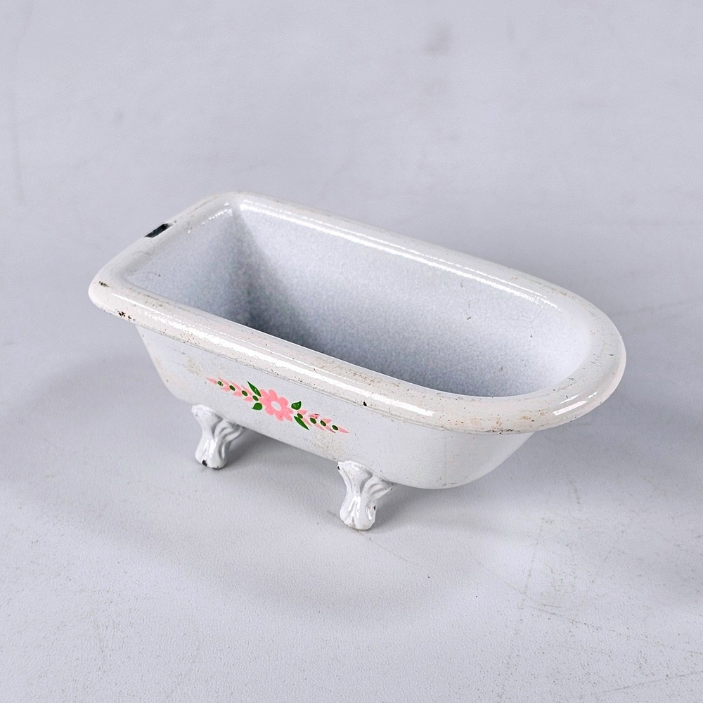 Vintage 1980 Mattel Diecast Miniature Clawfoot Bathtub Pink Floral White 1792